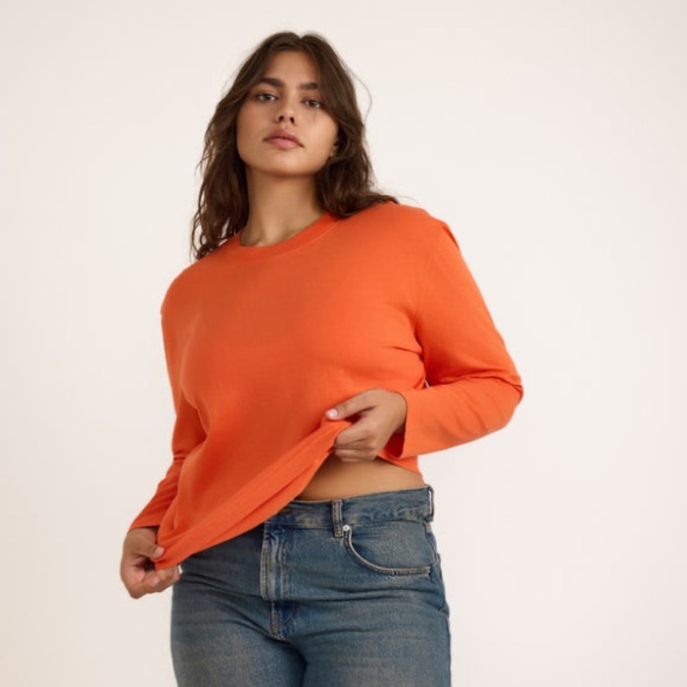 Lands' End Women's Vibrant Orange Long Sleeve Tee, skiing shirt, USA L